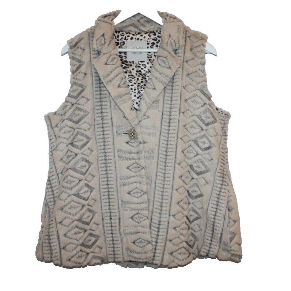 John Mark Vest Womens Large Faux Fur Geometric Tribal One Button Leopard Lining